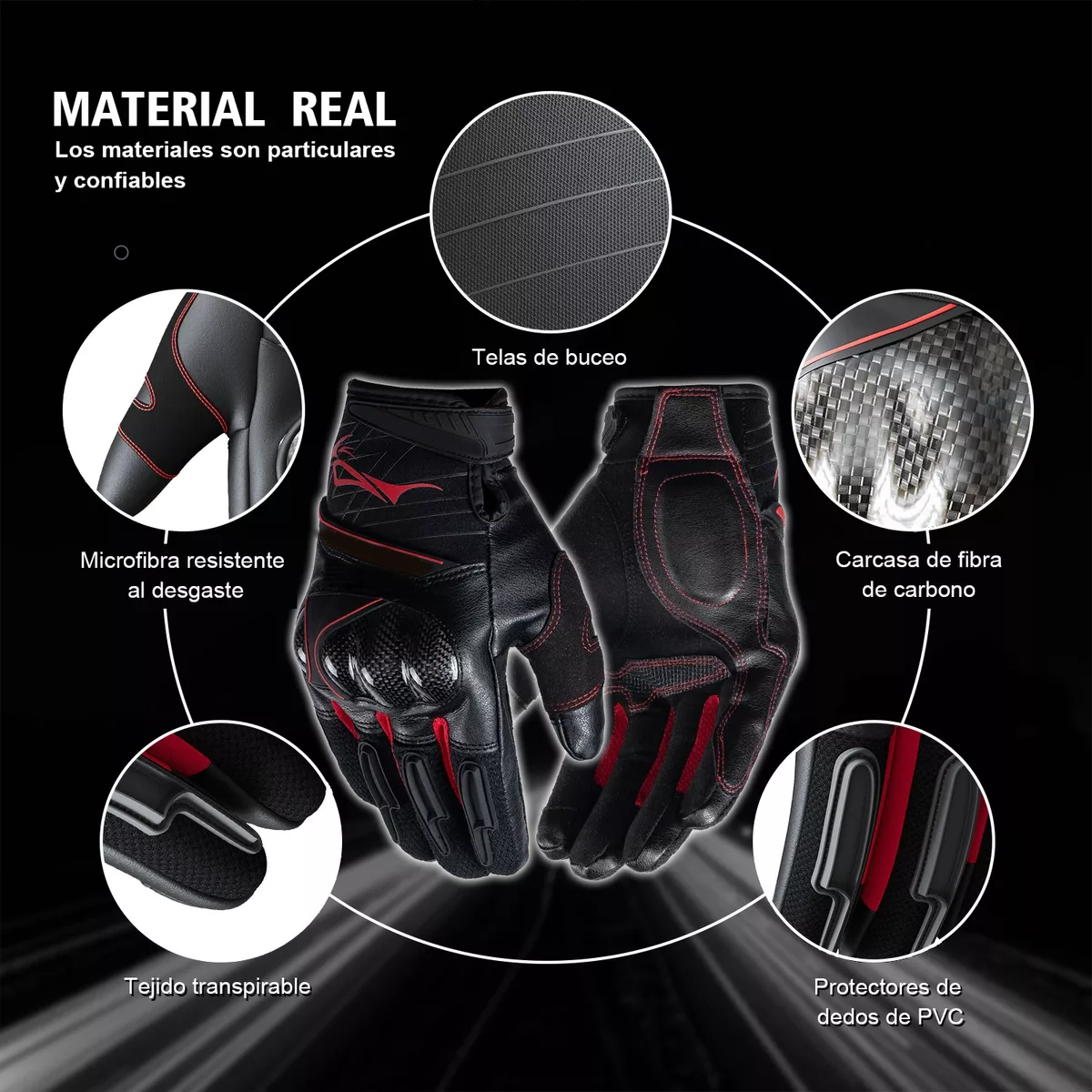 Foto 6 pulgar | Guantes Para Motocicleta Microfibra Cuero Y Fibra De Carbono L/xl Eo Safe Imports Esi-13805 Rojo
