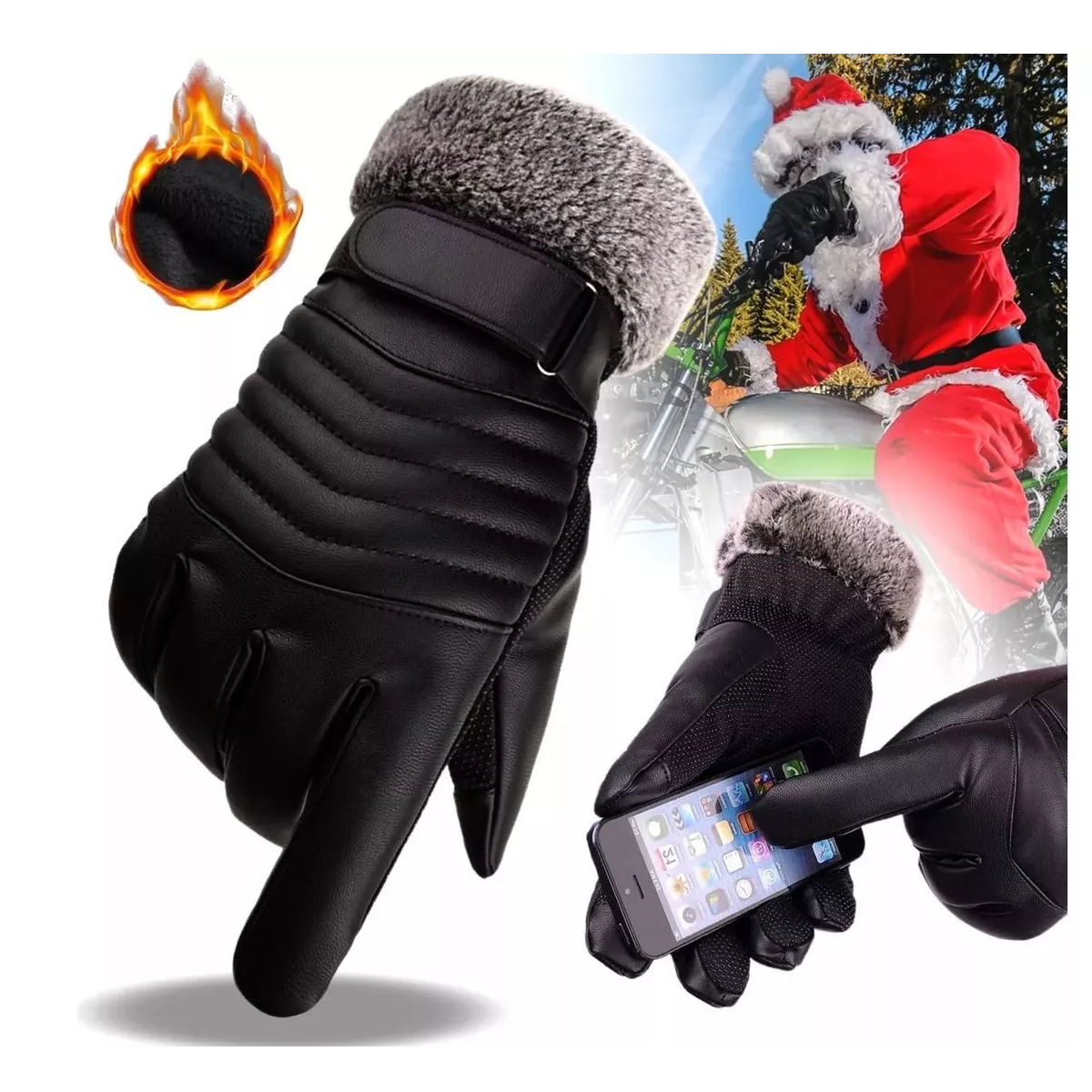 Foto 3 pulgar | Guantes De Cuero Térmicos Impermeables Frio Para Moto Bici Negro Tipo Piel