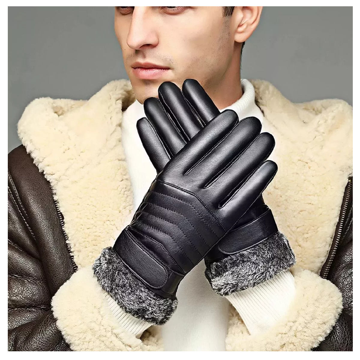 Foto 4 | Guantes De Cuero Térmicos Impermeables Frio Para Moto Bici Negro Tipo Piel