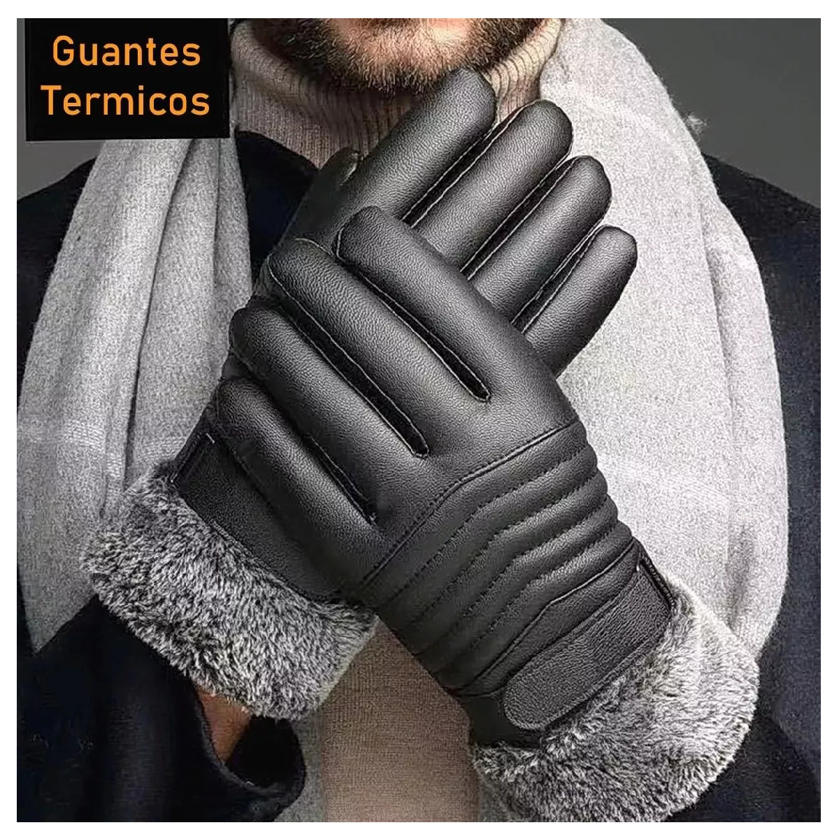 Foto 6 pulgar | Guantes De Cuero Térmicos Impermeables Frio Para Moto Bici Negro Tipo Piel