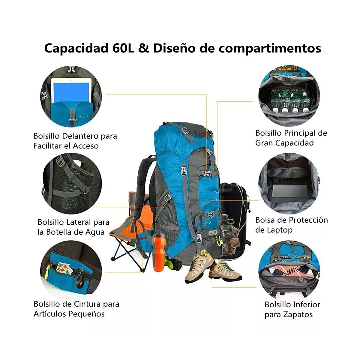 Foto 3 pulgar | Mochila Senderismo Campismo 60 L Impermeable Eo Safe Imports Esi-3960-1 Azul