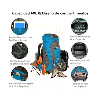 Foto 2 | Mochila Senderismo Campismo 60 L Impermeable Eo Safe Imports Esi-3960-1 Azul