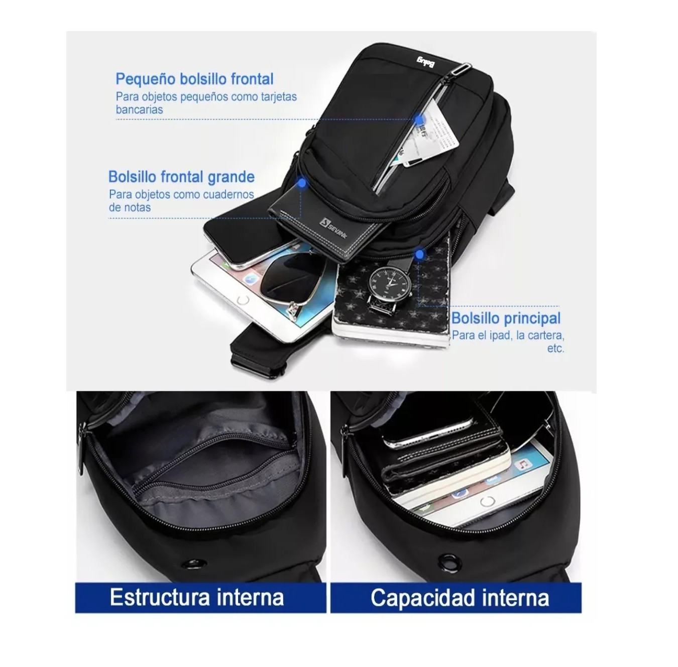Foto 5 pulgar | Pechera Mochila Impermeable Multifunción Cruzada Hombro Negro Belug