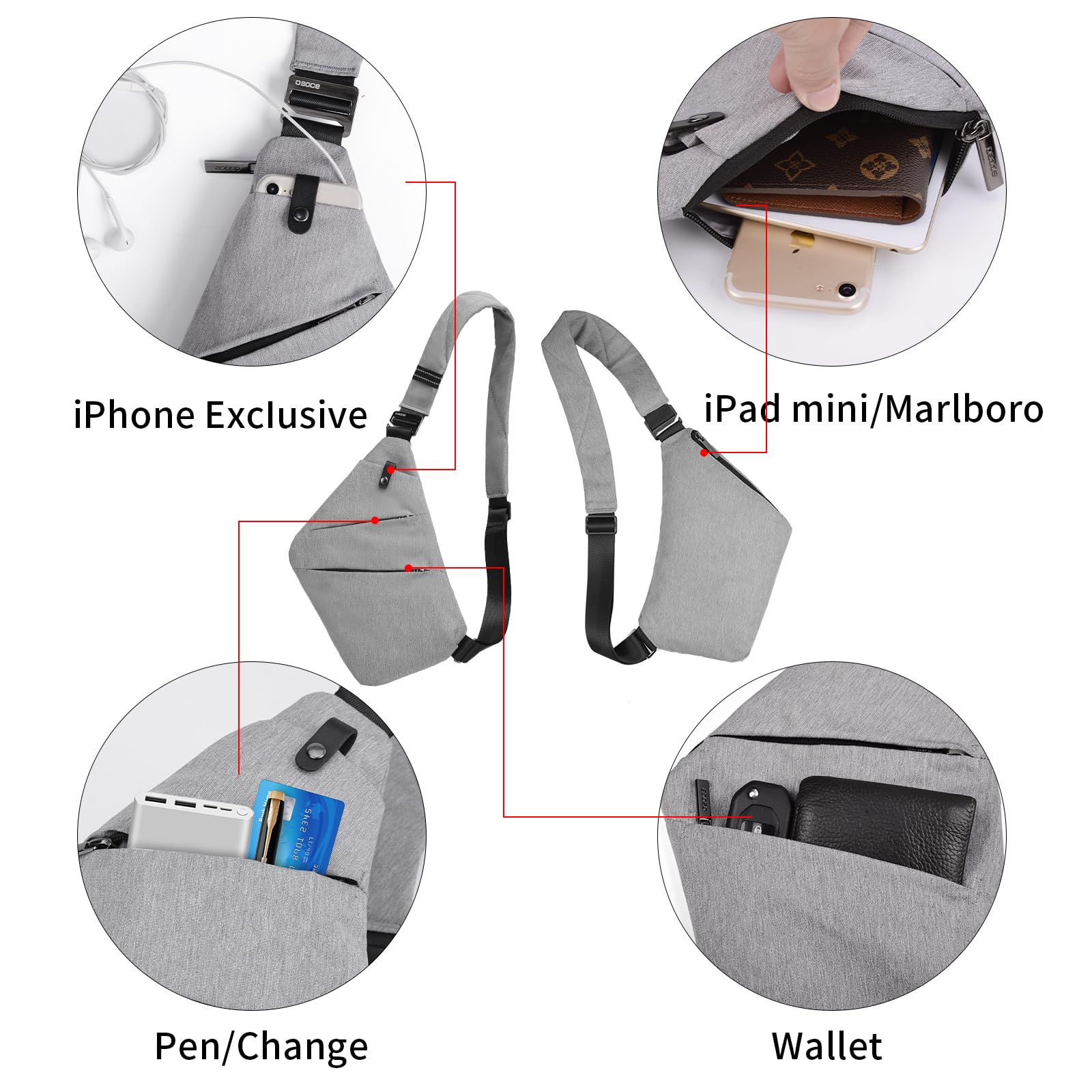 Foto 5 pulgar | Bolso Bandolera Osoce 1.0s Gris Claro Antirrobo Para Mujeres Y Hombres - Venta Internacional.