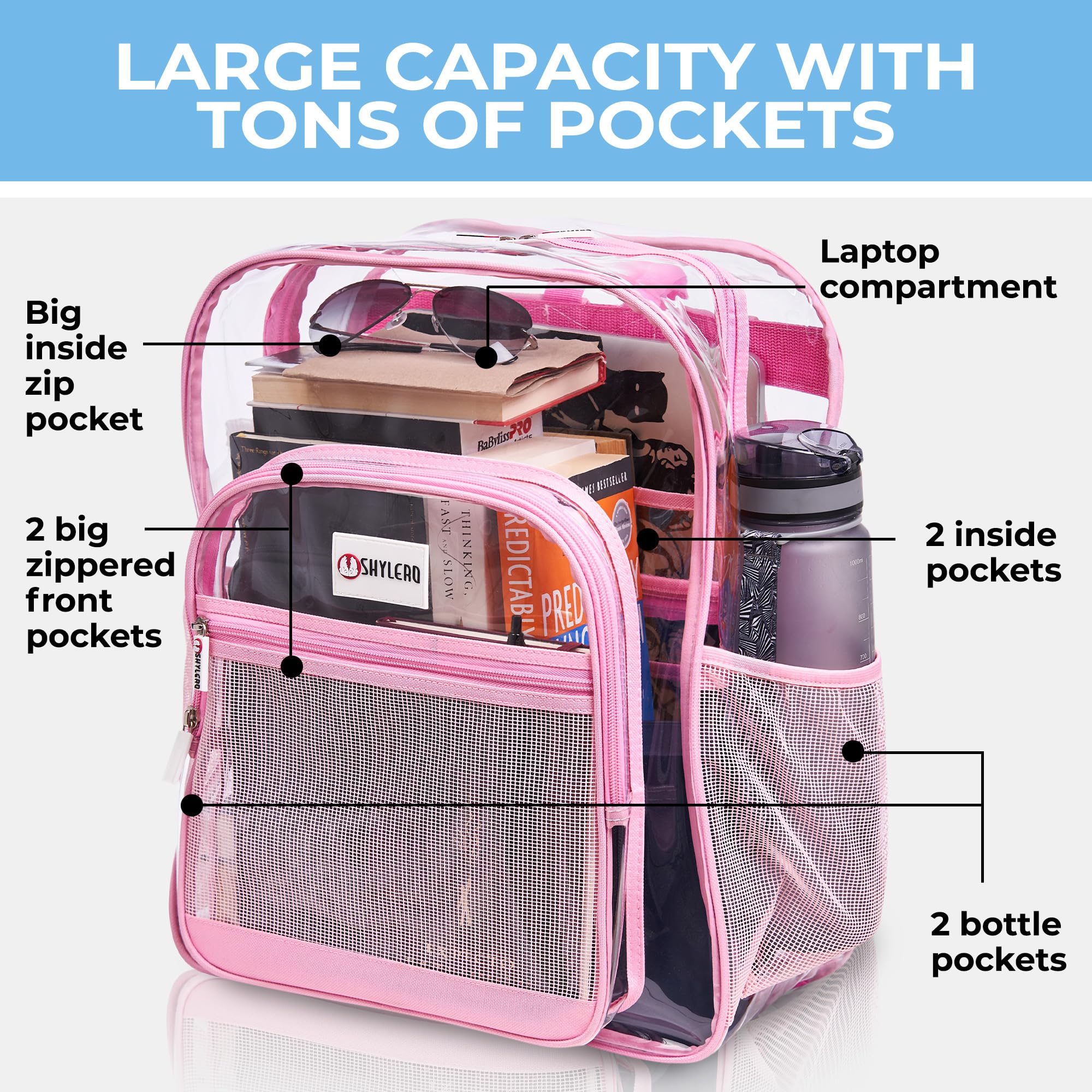Foto 4 pulgar | Mochila Shylero Rosa Transparente Extra Grande De 32 L Con Cierre Tsa - Venta Internacional.