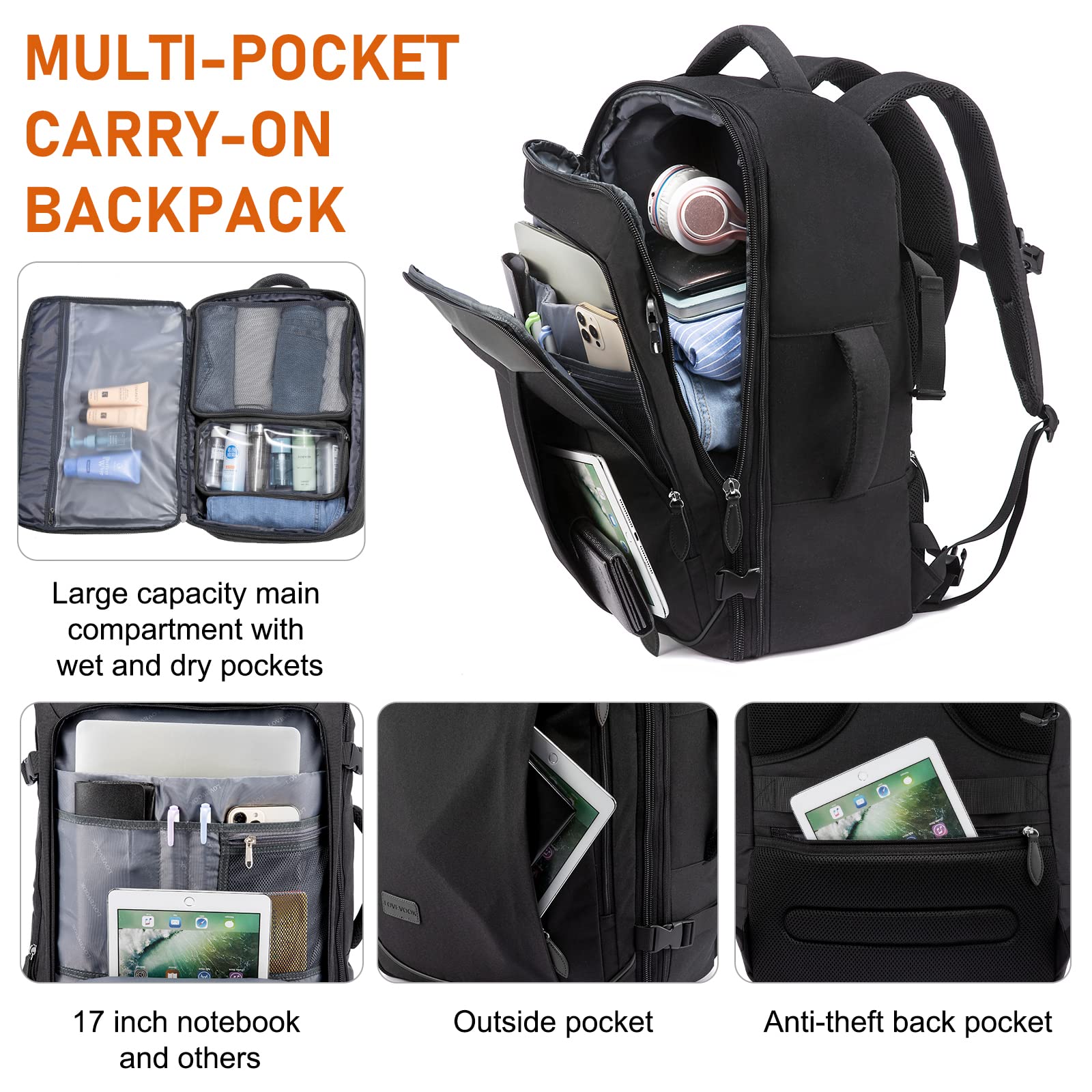 Foto 3 pulgar | Mochila Lovevook Carry On De Viaje De 45 Litros Para Mujeres Y Hombres Con Cubos - Venta Internacional.