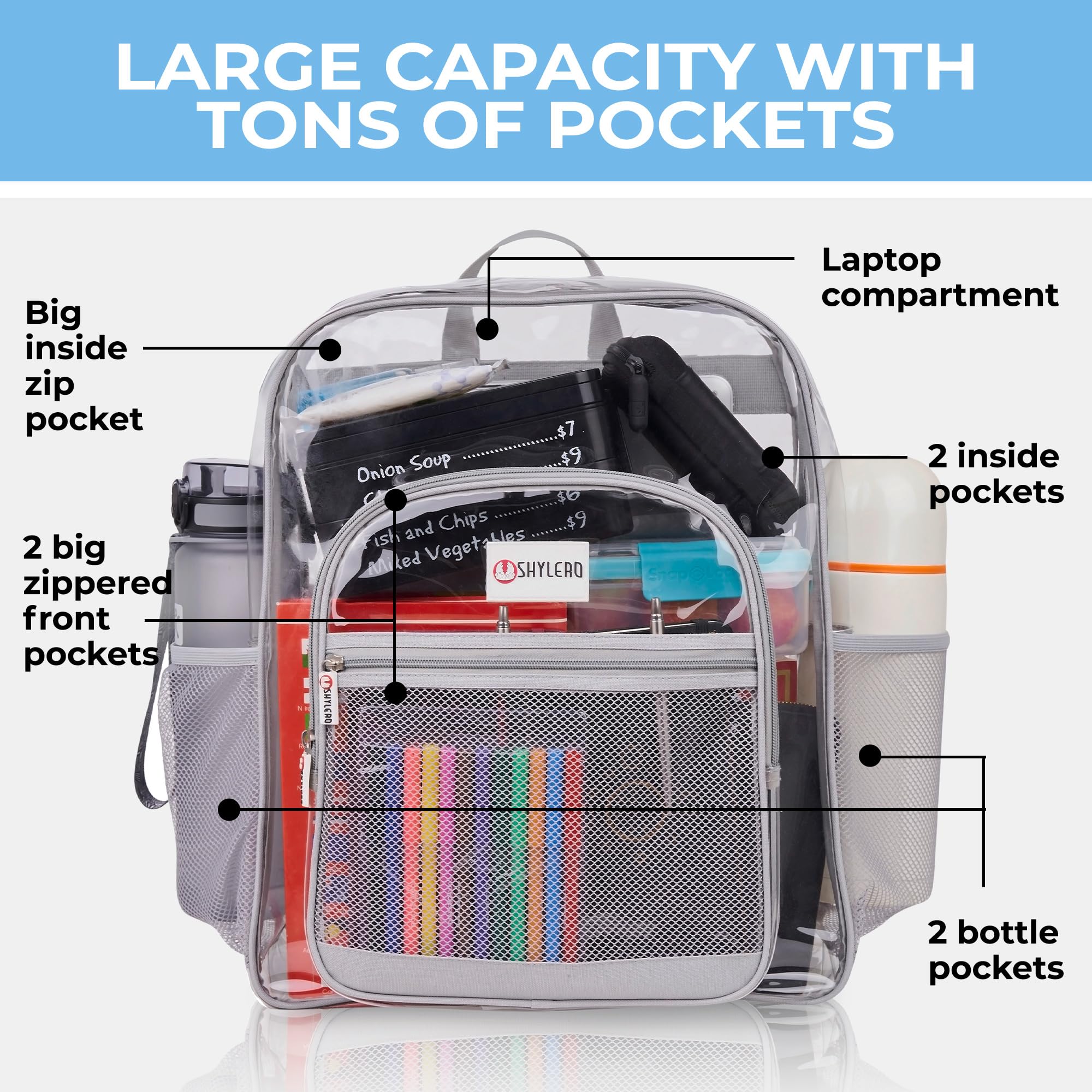 Foto 3 | Mochila Shylero Clear Extra Grande De 32 Litros Con Cierre Tsa, Gris Claro - Venta Internacional.