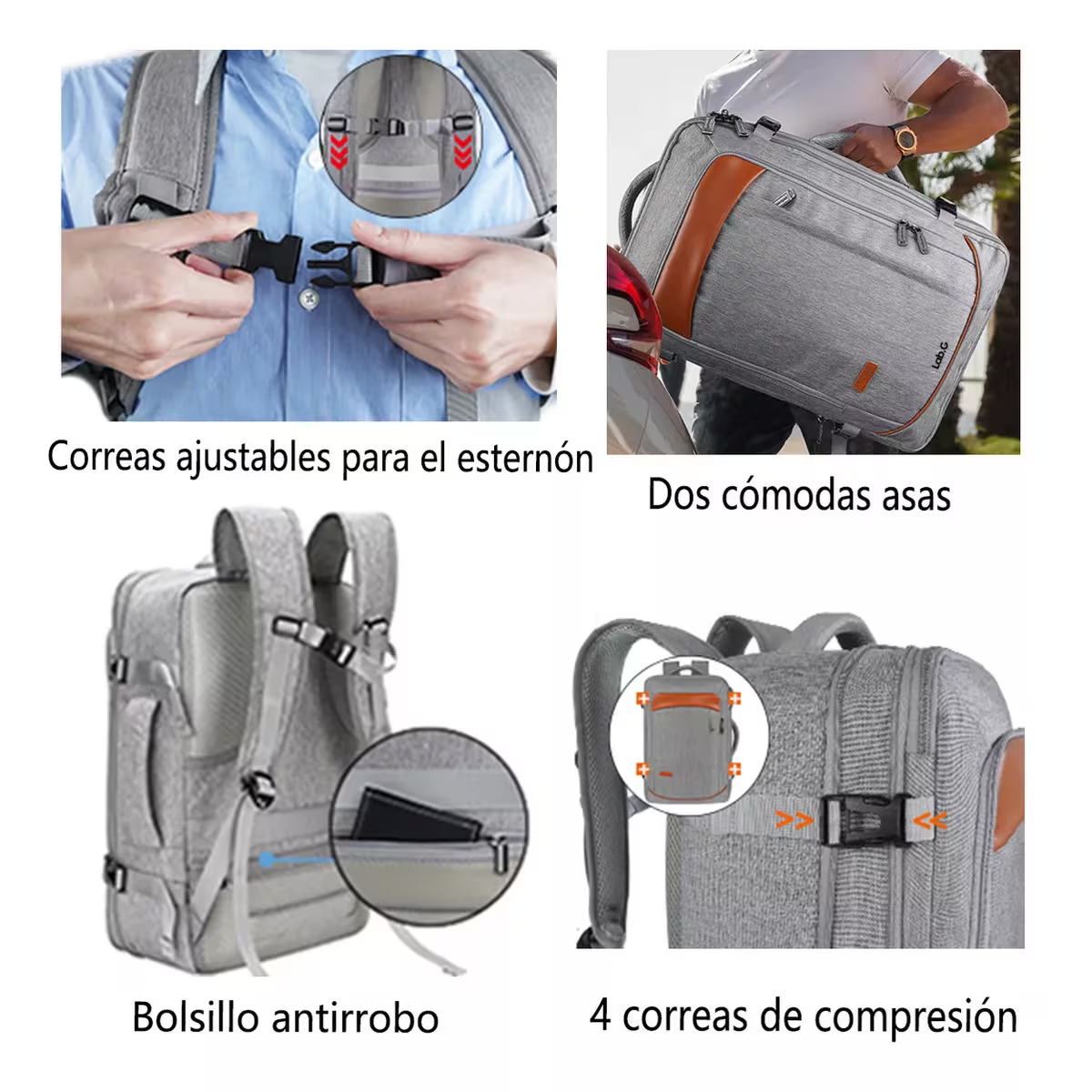 Foto 4 pulgar | Mochila De Viaje 50l Con Tres Bolsos Gris Y Naranja