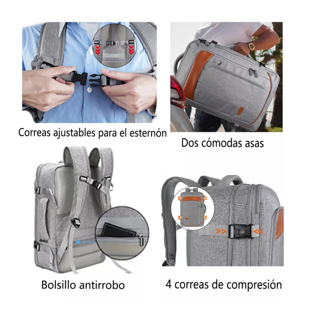Foto 3 | Mochila De Viaje 1215 Mochilas De Viaje 50l Mochila Viaje Con Tres Bolsos Gris Y Naranja Belug
