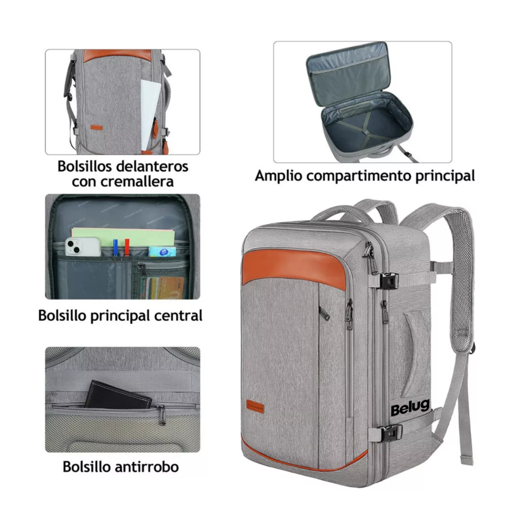 Foto 5 pulgar | Mochila De Viaje 1215 Mochilas De Viaje 50l Mochila Viaje Con Tres Bolsos Gris Y Naranja Belug
