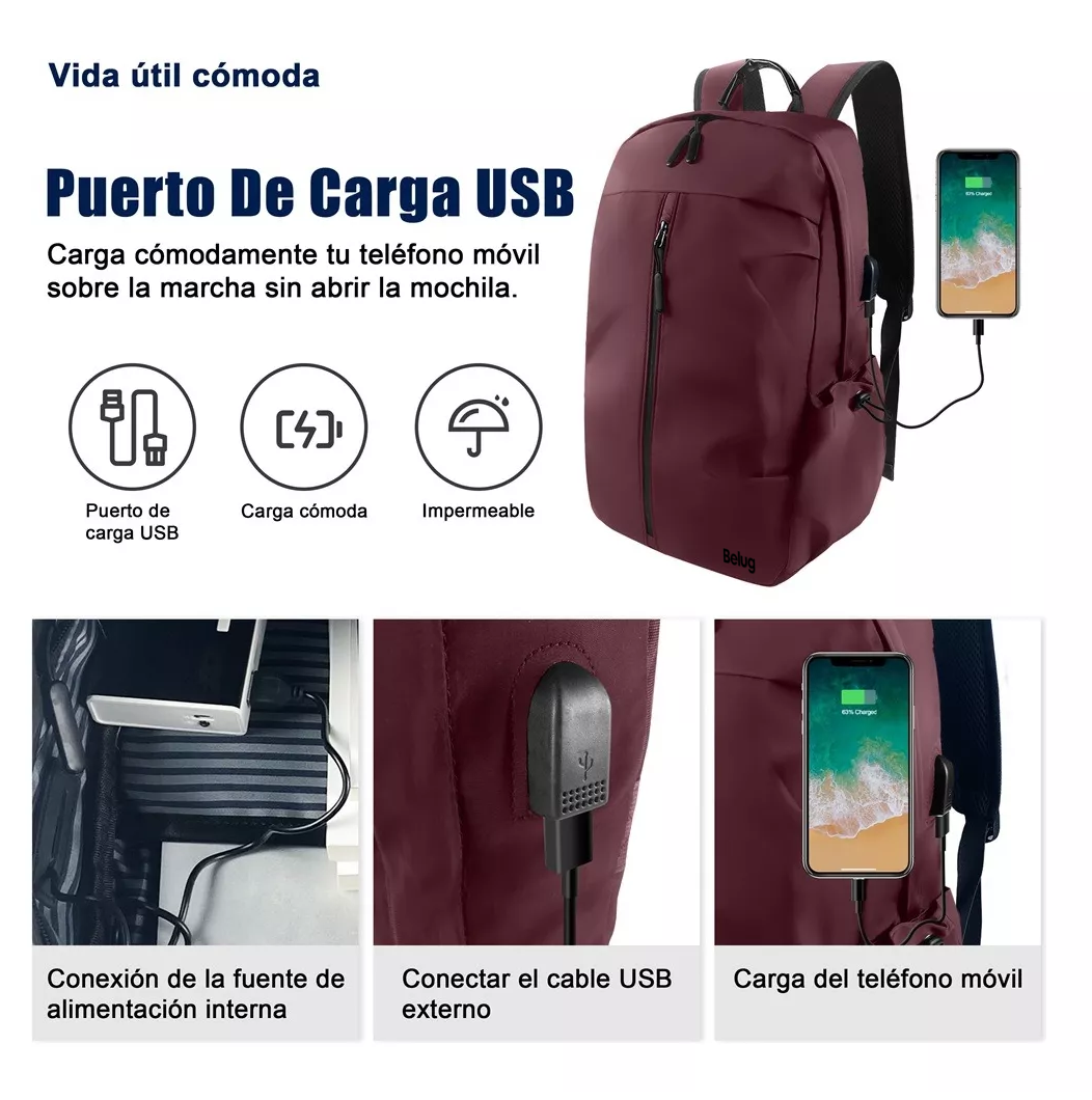 Foto 3 pulgar | Mochila Belug Vino Para Laptop Con Cargador Usb