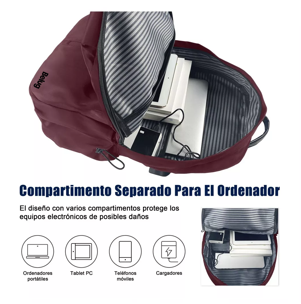 Foto 6 pulgar | Mochila Belug Vino Para Laptop Con Cargador Usb
