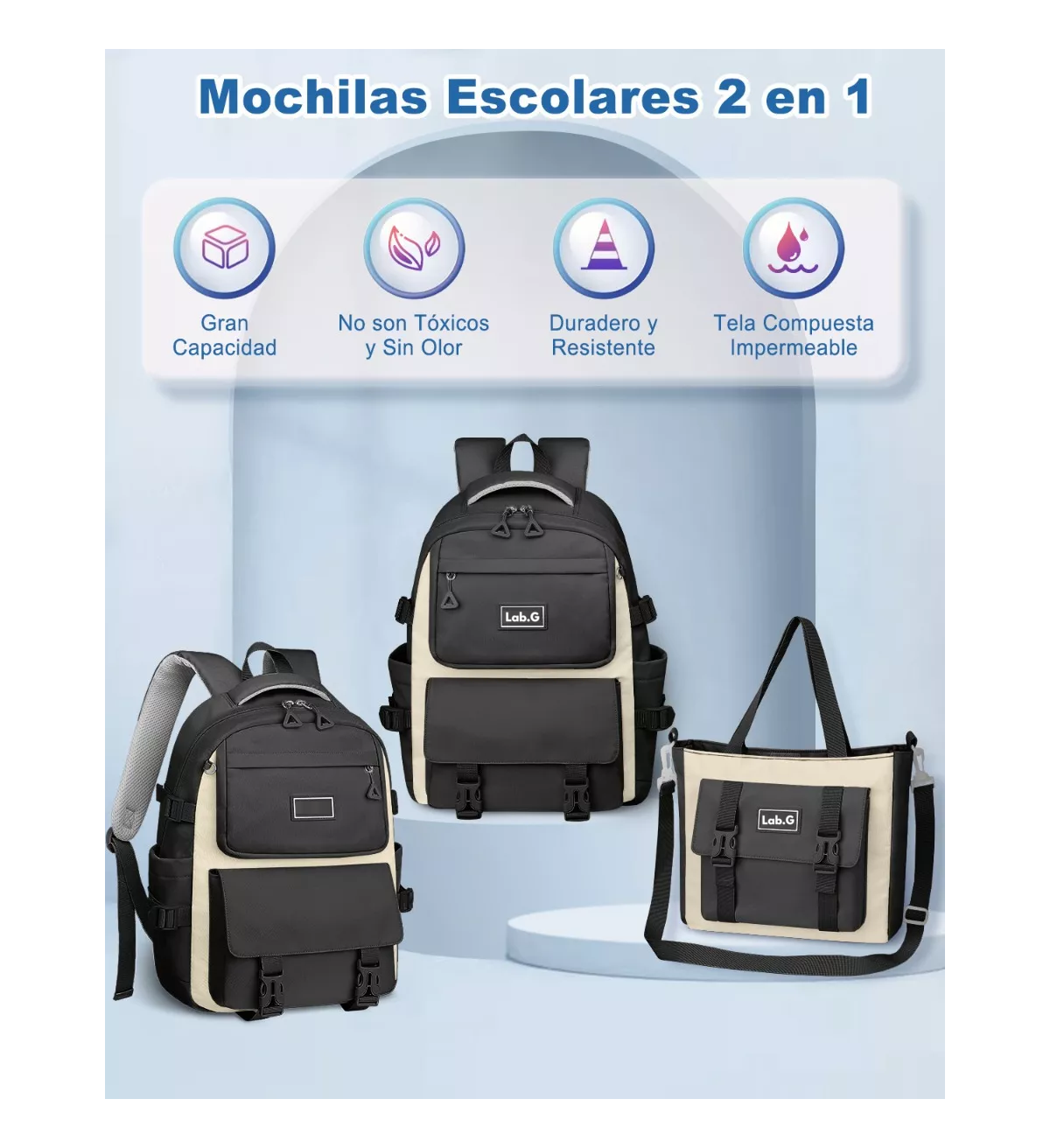 Foto 3 pulgar | Mochila Escolar Lab.g Viaje Bolsa Impermeable Mochilas Reforzada 2 En 1 Negro
