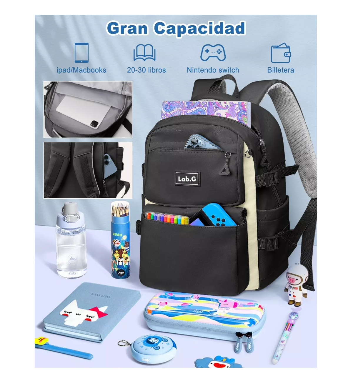 Foto 4 pulgar | Mochila Escolar Lab.g Viaje Bolsa Impermeable Mochilas Reforzada 2 En 1 Negro