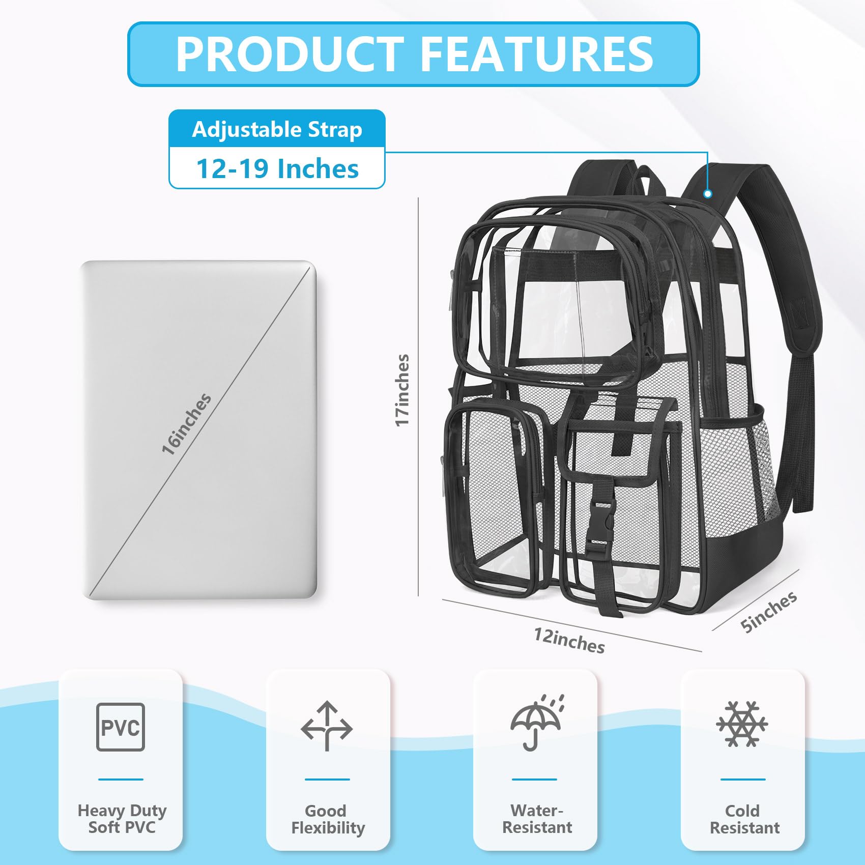 Foto 3 pulgar | Mochila Transparente Attmu Heavy Duty Pvc Transparente Negra - Venta Internacional.