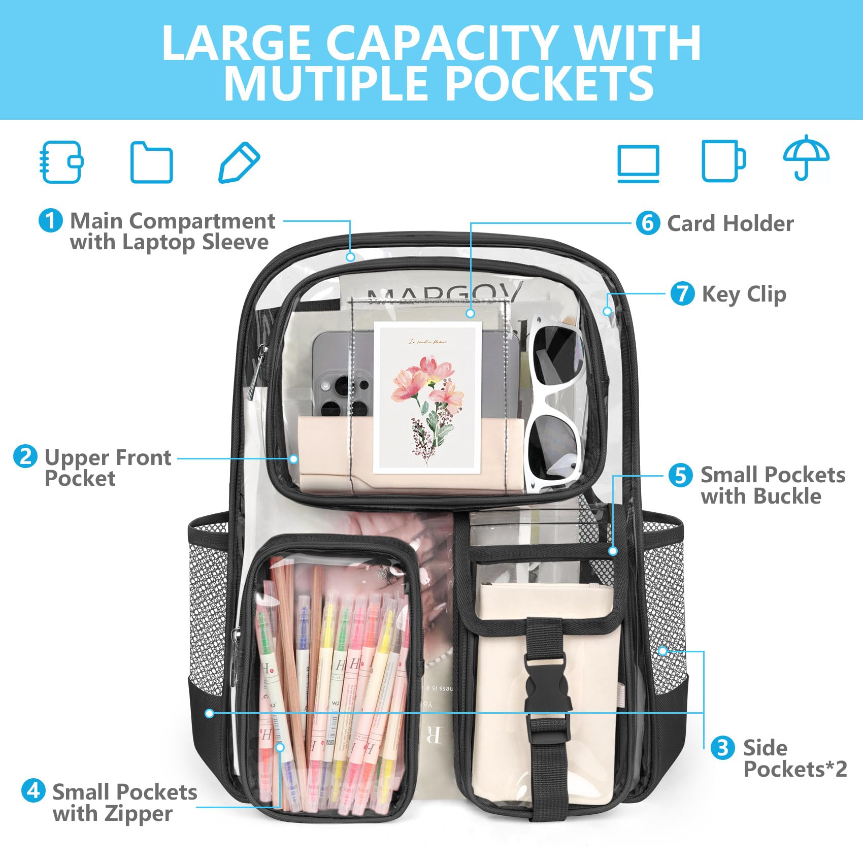 Foto 4 pulgar | Mochila Transparente Attmu Heavy Duty Pvc Transparente Negra - Venta Internacional.
