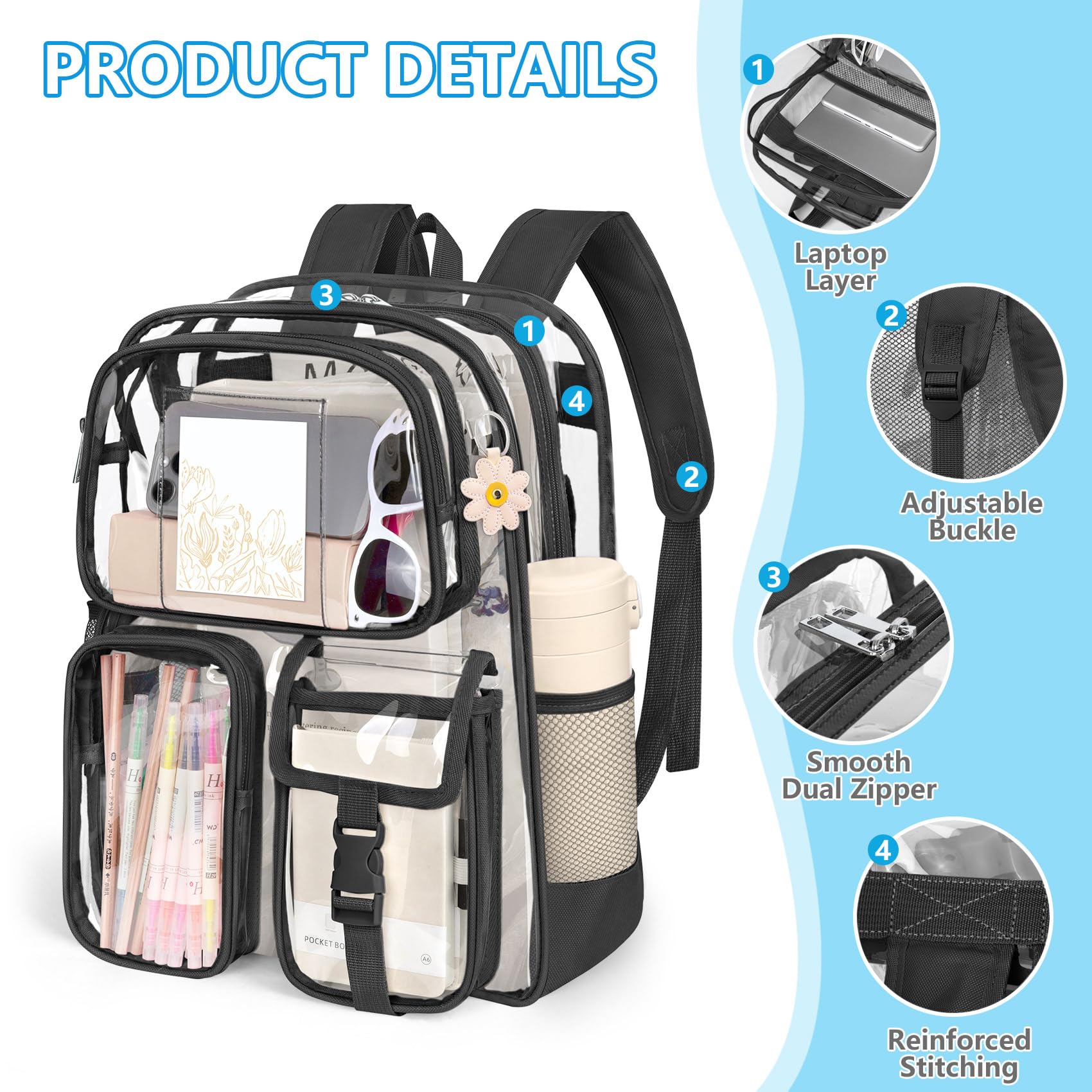 Foto 5 pulgar | Mochila Transparente Attmu Heavy Duty Pvc Transparente Negra - Venta Internacional.