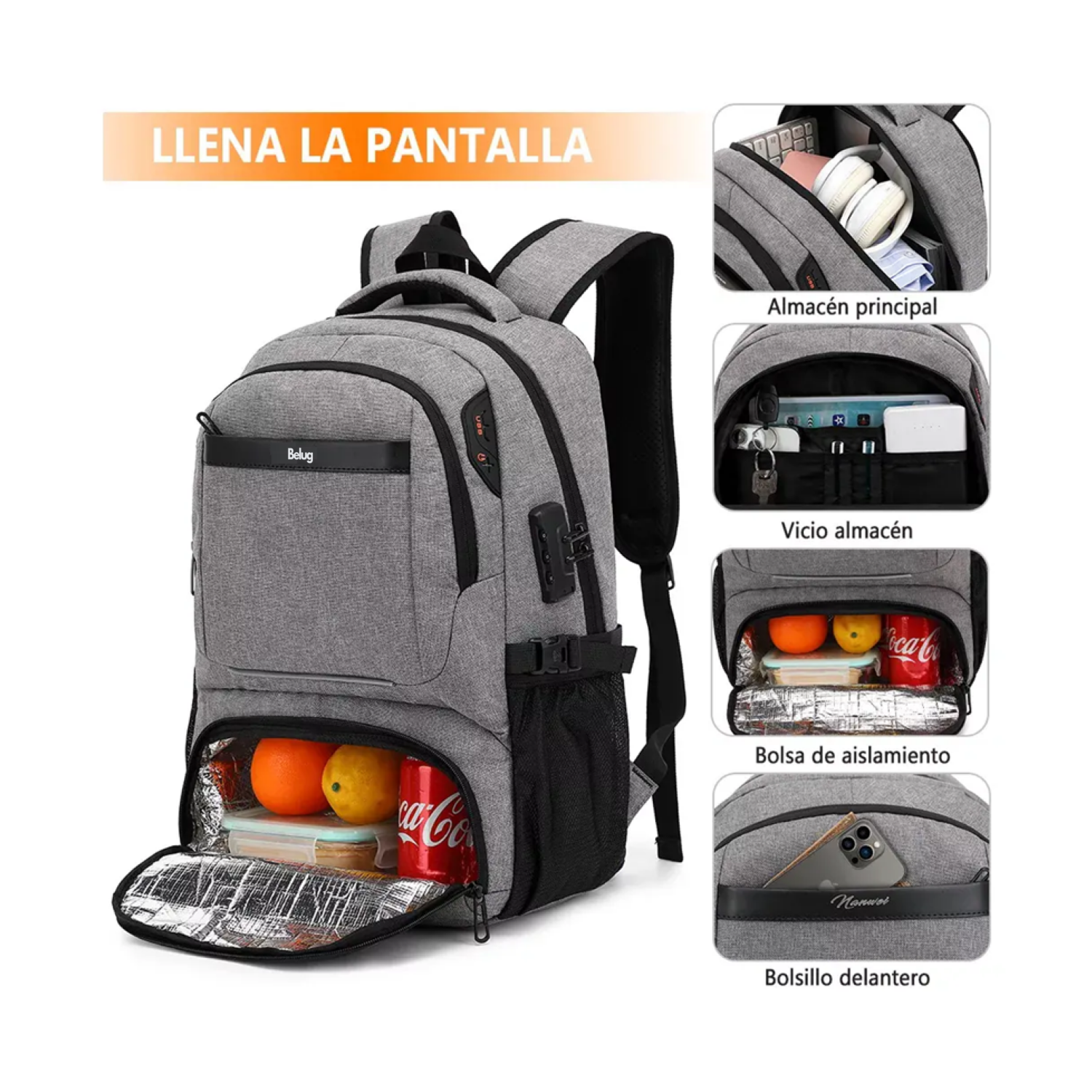 Foto 4 pulgar | Mochila Belug De Almuerzo Antirrobo Impermeable A Portátil 15,6i Color Gris