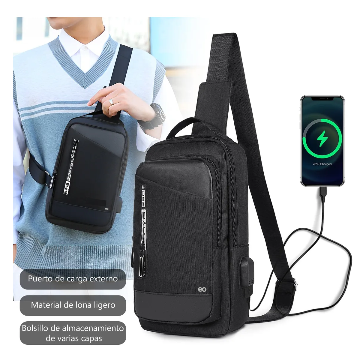 Foto 3 pulgar | Mochila Bandolera Cruzada Con Puerto De Carga Usb Eo Safe Imports Esi-18952 Negro