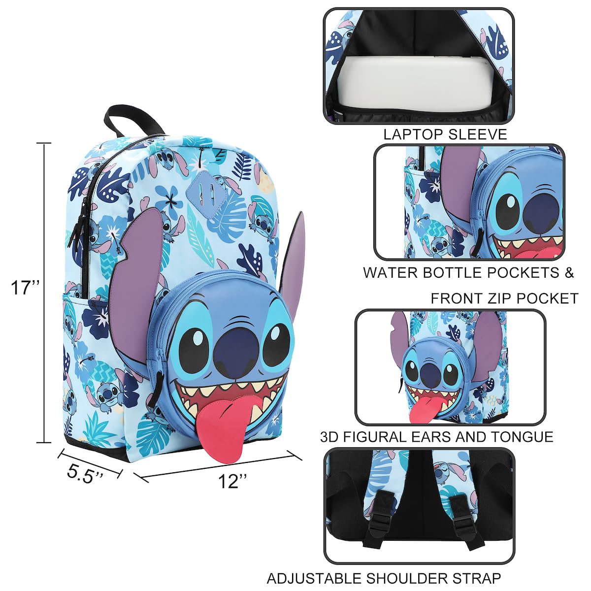 Foto 5 pulgar | Mochila Bioworld Disney Stitch 3d Character 43 Cm - Venta Internacional.