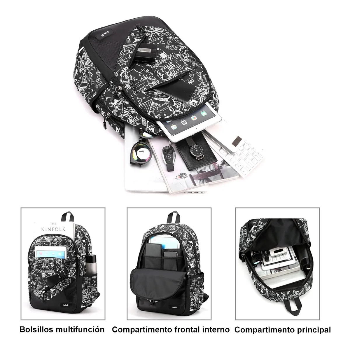 Foto 4 pulgar | Mochila Estudiantil De Gran Capacidad De 30 L Para Hombre, Blanco Con Negro Lab.g Multicolor