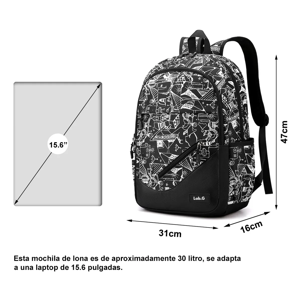 Foto 6 pulgar | Mochila Estudiantil De Gran Capacidad De 30 L Para Hombre, Blanco Con Negro Lab.g Multicolor