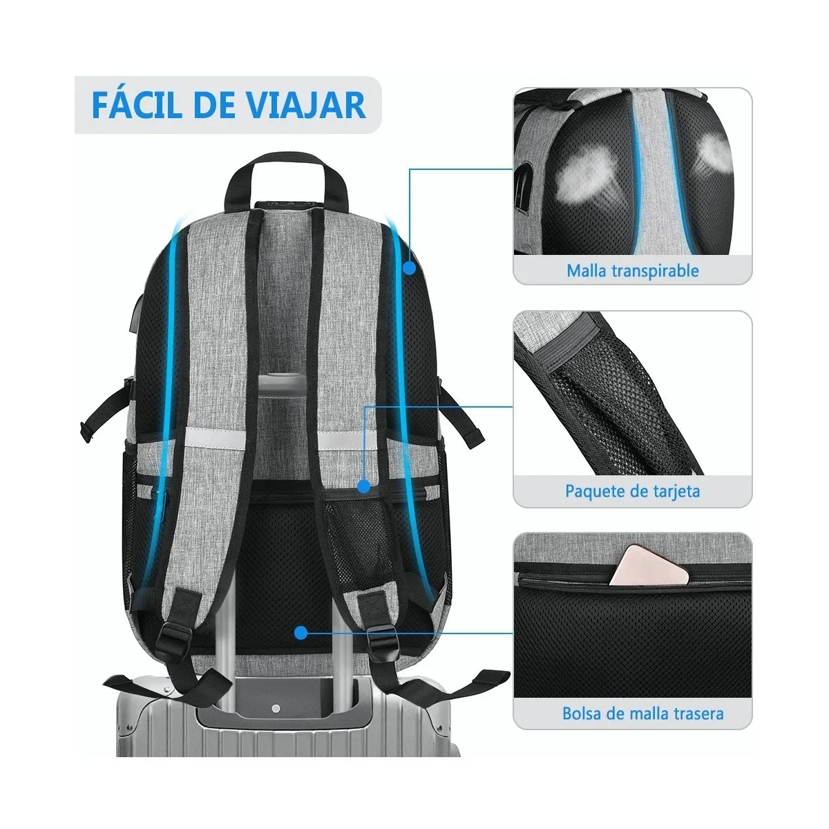 Foto 6 pulgar | Mochila Antirrobo Superior Negocios Impermeable 35l Doble Cierre Lab.g Gris