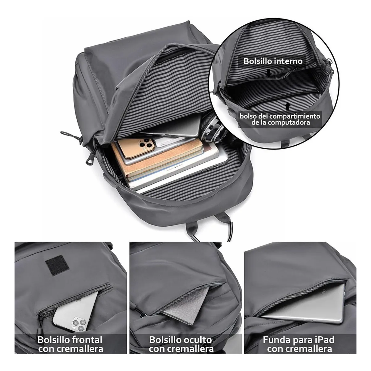 Foto 5 pulgar | Mochila Multifuncional De Moda Con Puerto Usb Para Hombre Poliéster Lab.g Gris