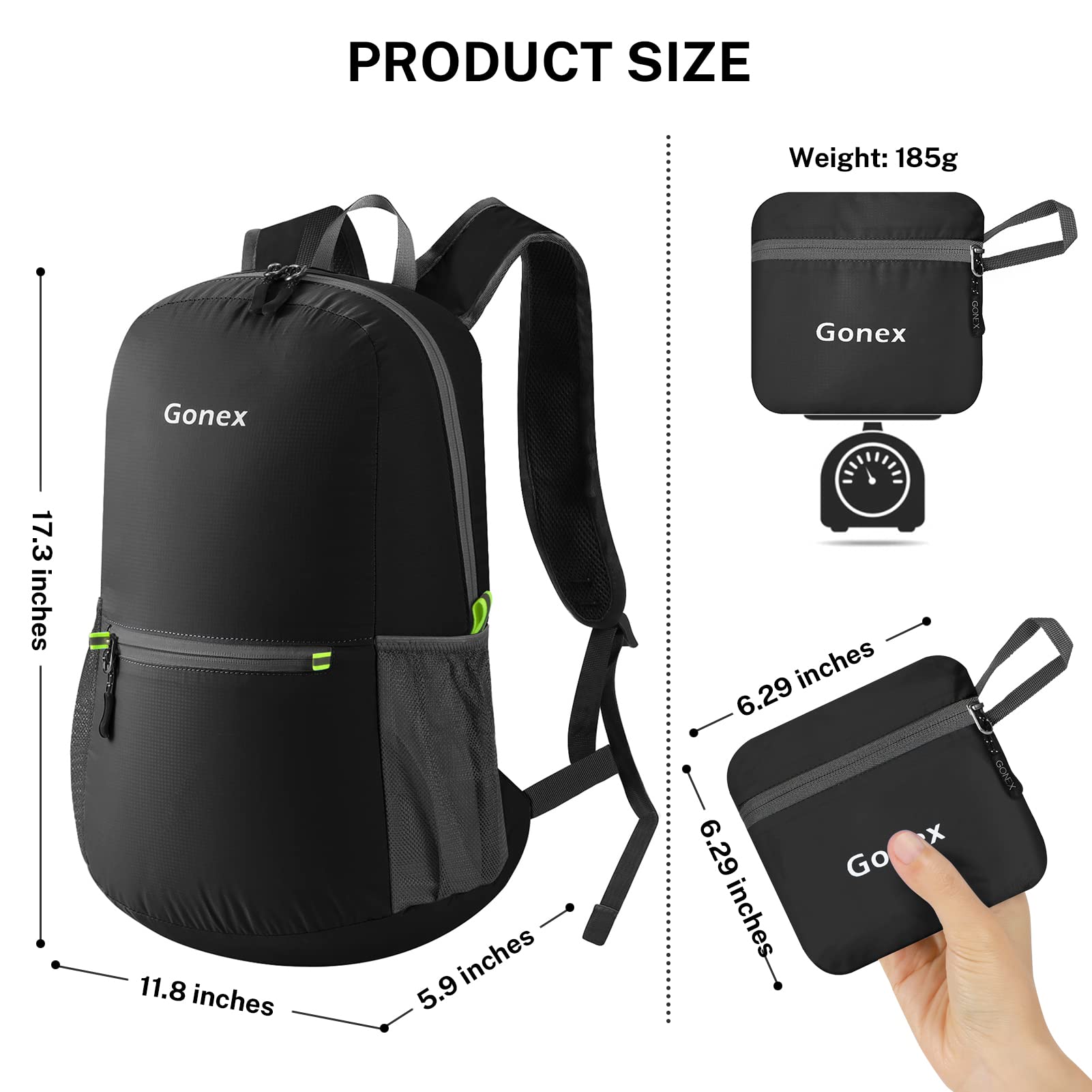 Foto 3 pulgar | Mochila Gonex Ultraligera Y Plegable De 20 Litros (negra) - Venta Internacional.