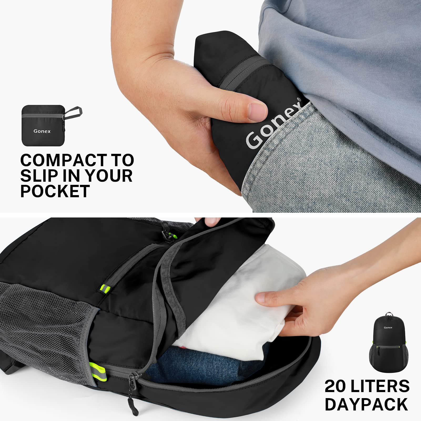 Foto 5 pulgar | Mochila Gonex Ultraligera Y Plegable De 20 Litros (negra) - Venta Internacional.