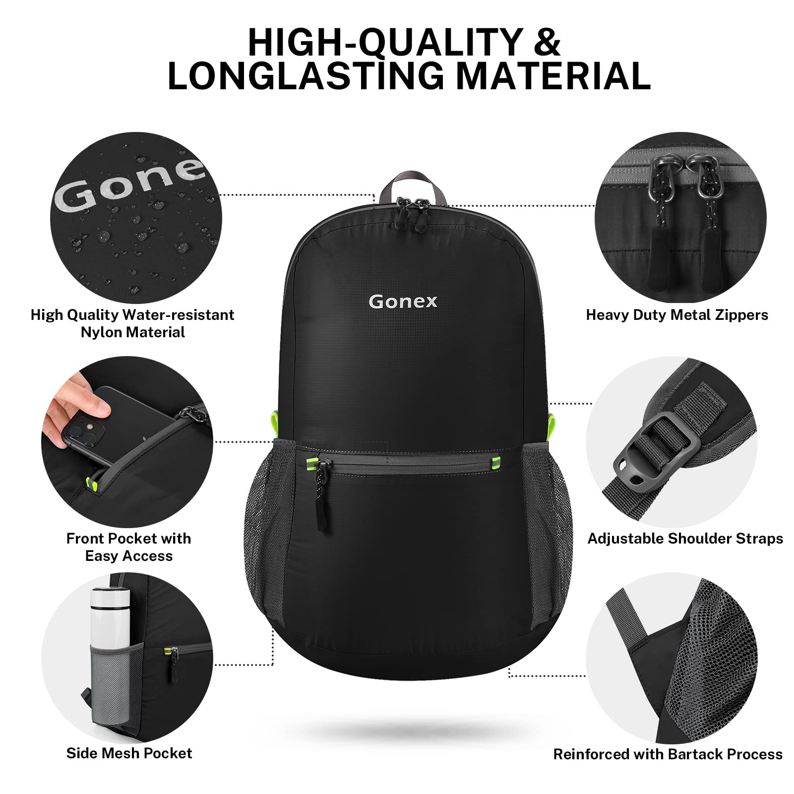 Foto 6 pulgar | Mochila Gonex Ultraligera Y Plegable De 20 Litros (negra) - Venta Internacional.