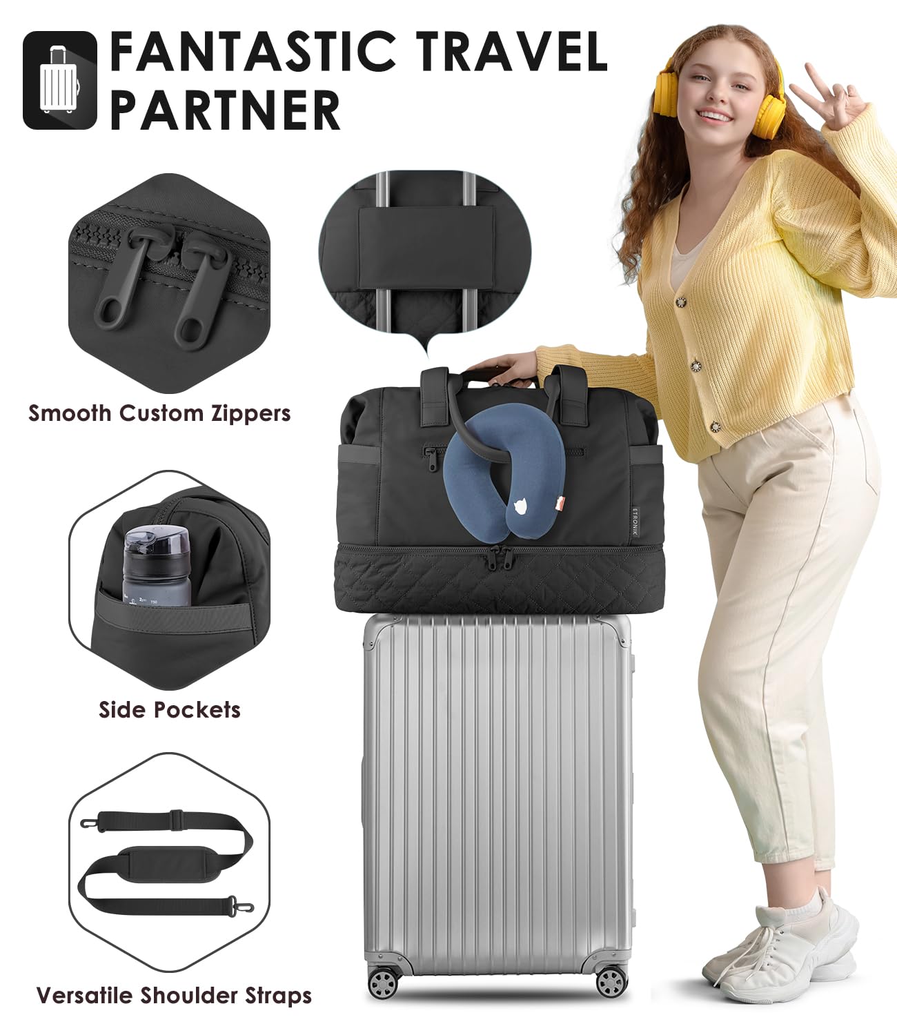 Foto 5 pulgar | Bolsa De Fin De Semana Etronik Para Mujer Con Compartimento Para Zapatos, Color Negro - Venta Internacional.