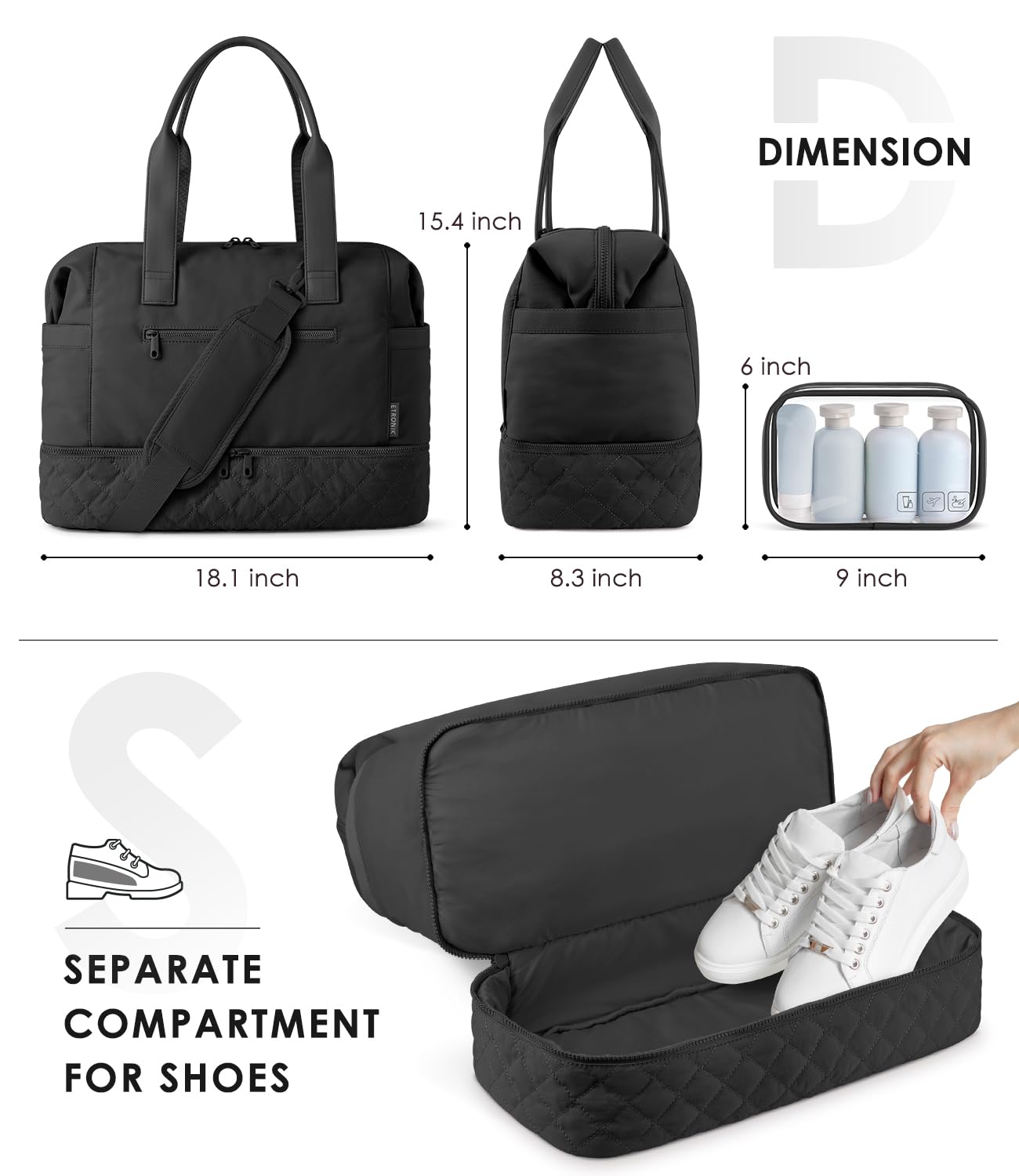 Foto 6 pulgar | Bolsa De Fin De Semana Etronik Para Mujer Con Compartimento Para Zapatos, Color Negro - Venta Internacional.