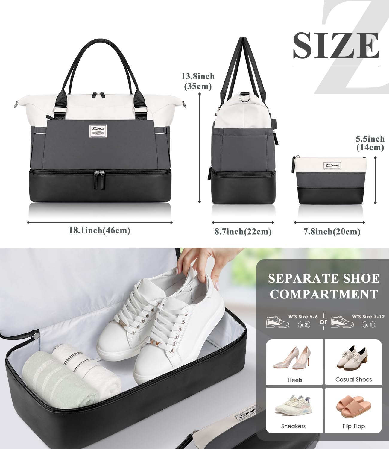 Foto 5 pulgar | Bolsa De Fin De Semana Etronik Para Mujer Con Compartimento Para Zapatos, Color Negro Y Gris - Venta Internacional.