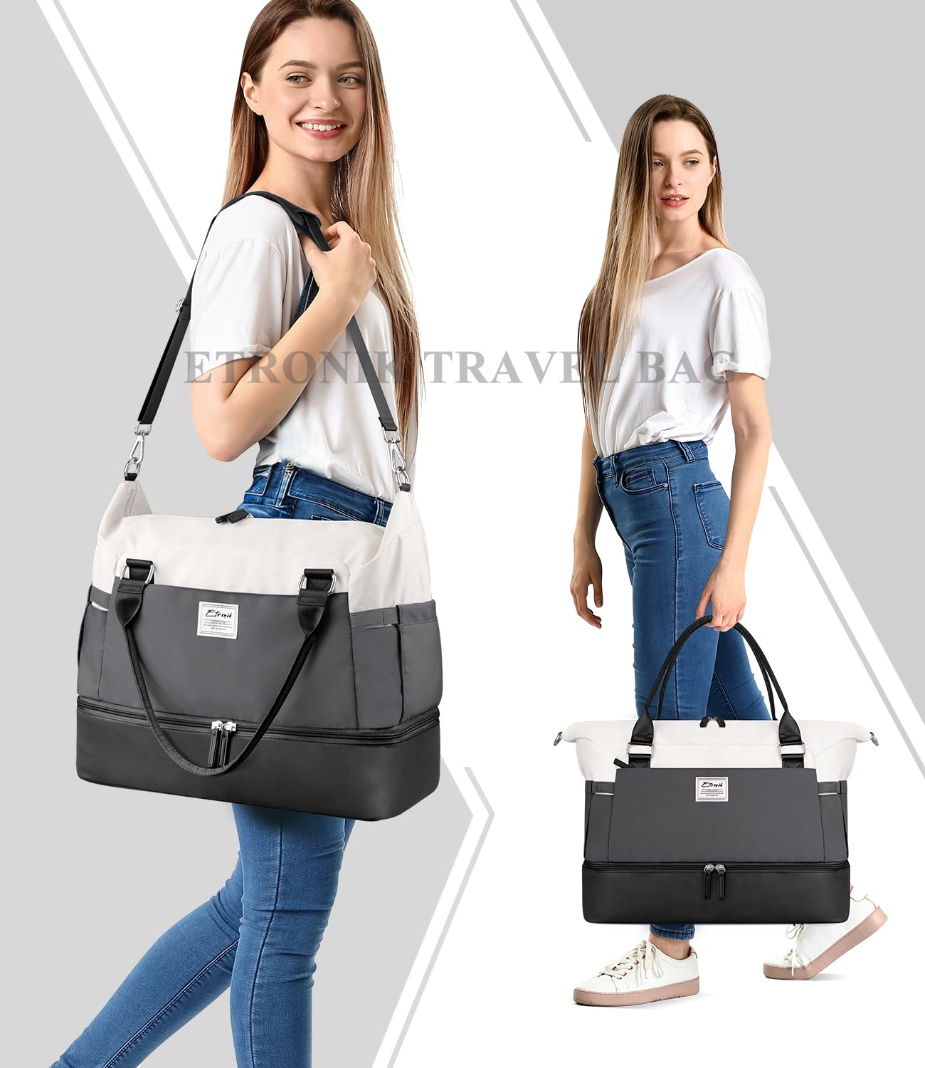Foto 7 pulgar | Bolsa De Fin De Semana Etronik Para Mujer Con Compartimento Para Zapatos, Color Negro Y Gris - Venta Internacional.