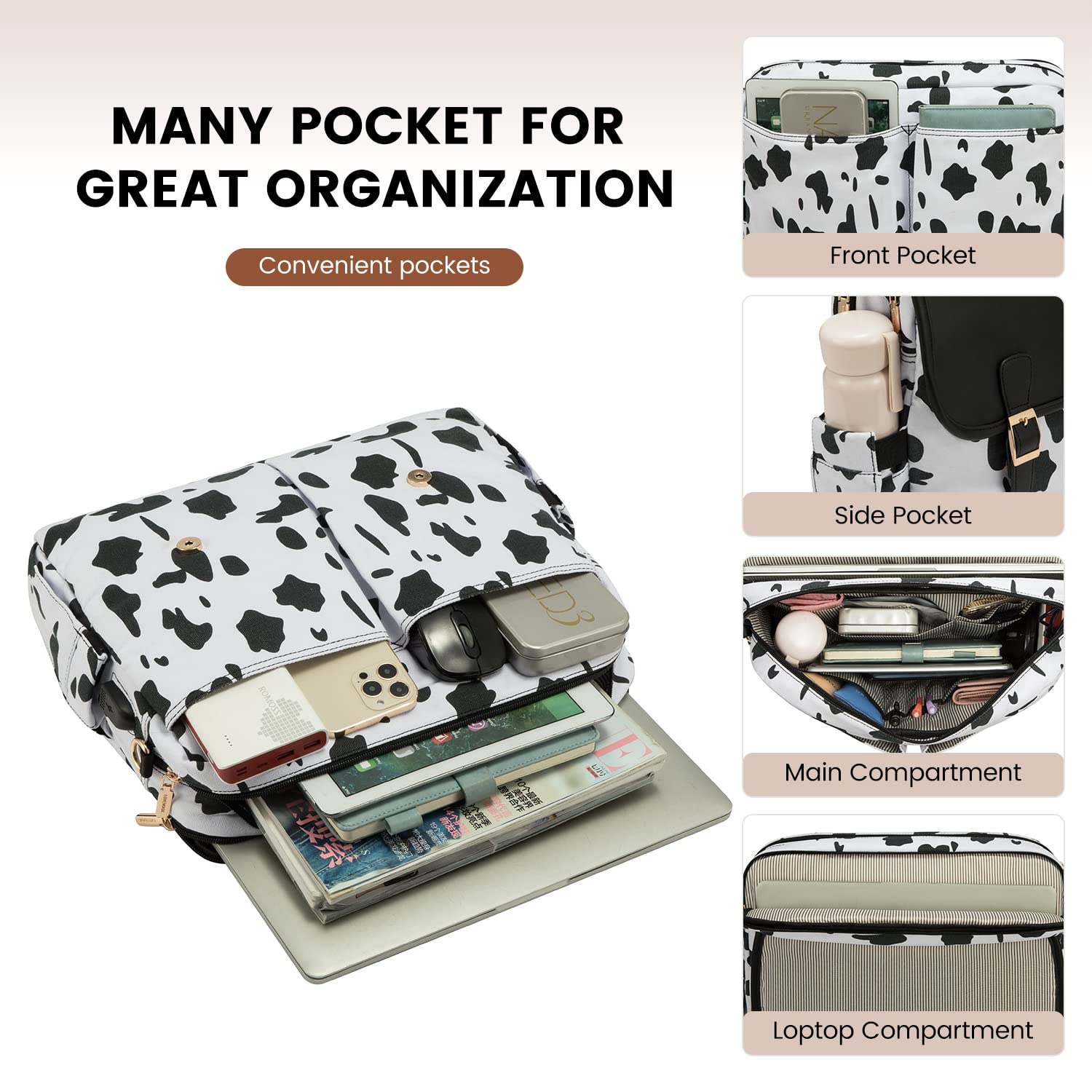 Foto 4 | Bolsa Para Portátil Lovevook Para Mujer De 15.6 Pulgadas Con Estampado De Vaca Negra - Venta Internacional.