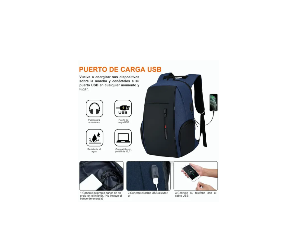 Foto 4 pulgar | Mochila para Laptop con Puerto y Cable USB Malubero Azul