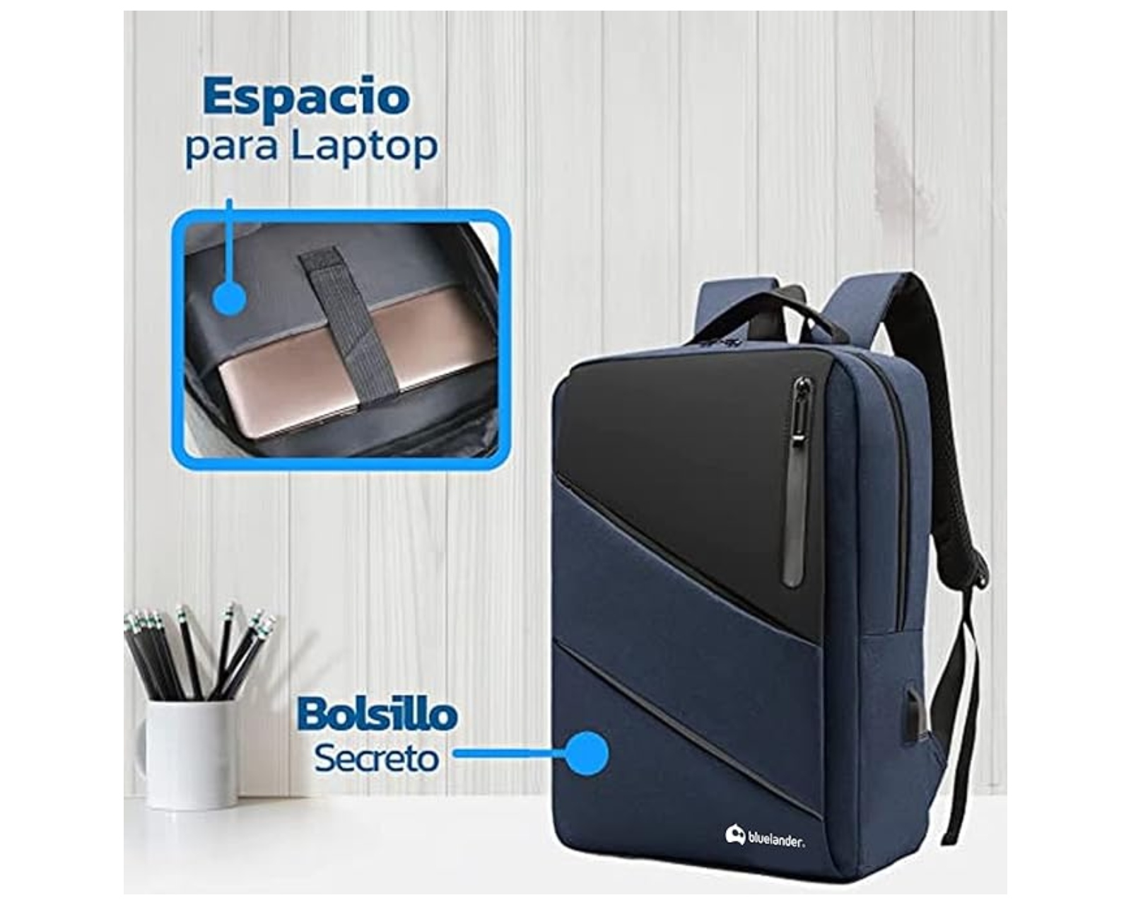 Foto 7 pulgar | Mochila Para Laptop Antirrobo Bluelander Hs88 Con Puerto USB Para Power Bank Color Azul