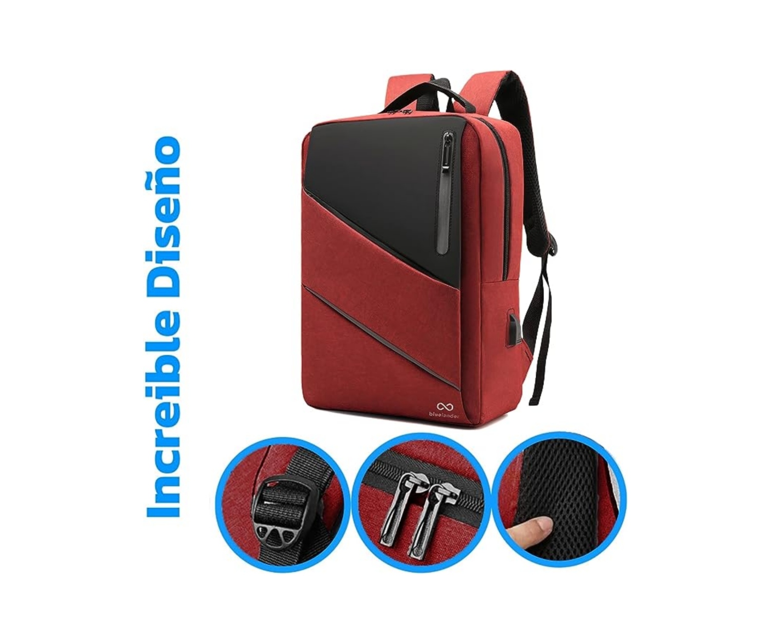 Foto 4 pulgar | Mochila Para Laptop Antirrobo Bluelander Hs89 Color Rojo Con Puerto USB Para Power Bank