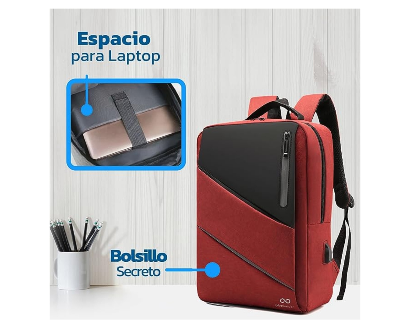 Foto 6 pulgar | Mochila Para Laptop Antirrobo Bluelander Hs89 Color Rojo Con Puerto USB Para Power Bank