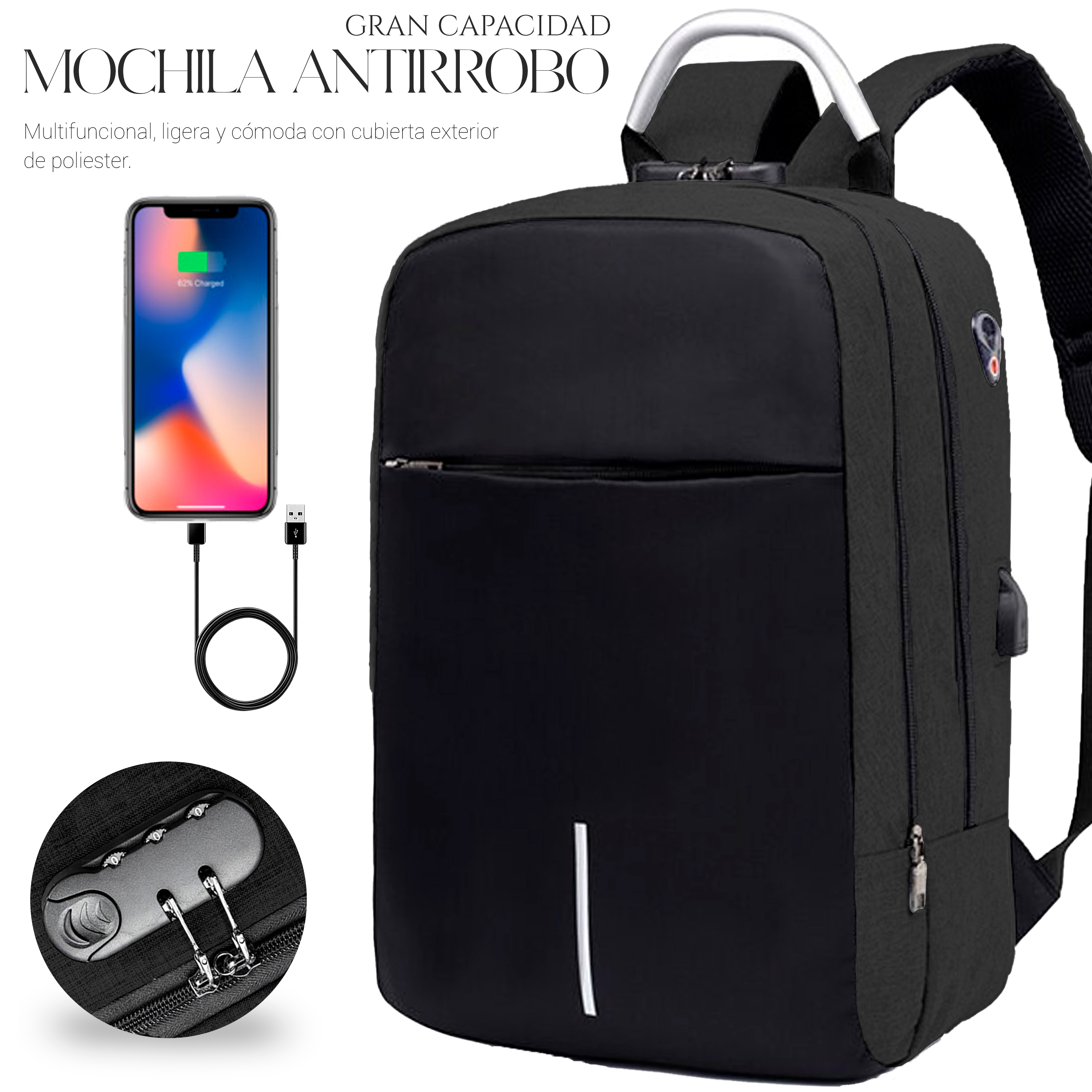 Foto 7 | Mochila Impermeable Antirrobo, Mochila De Negocios Negro