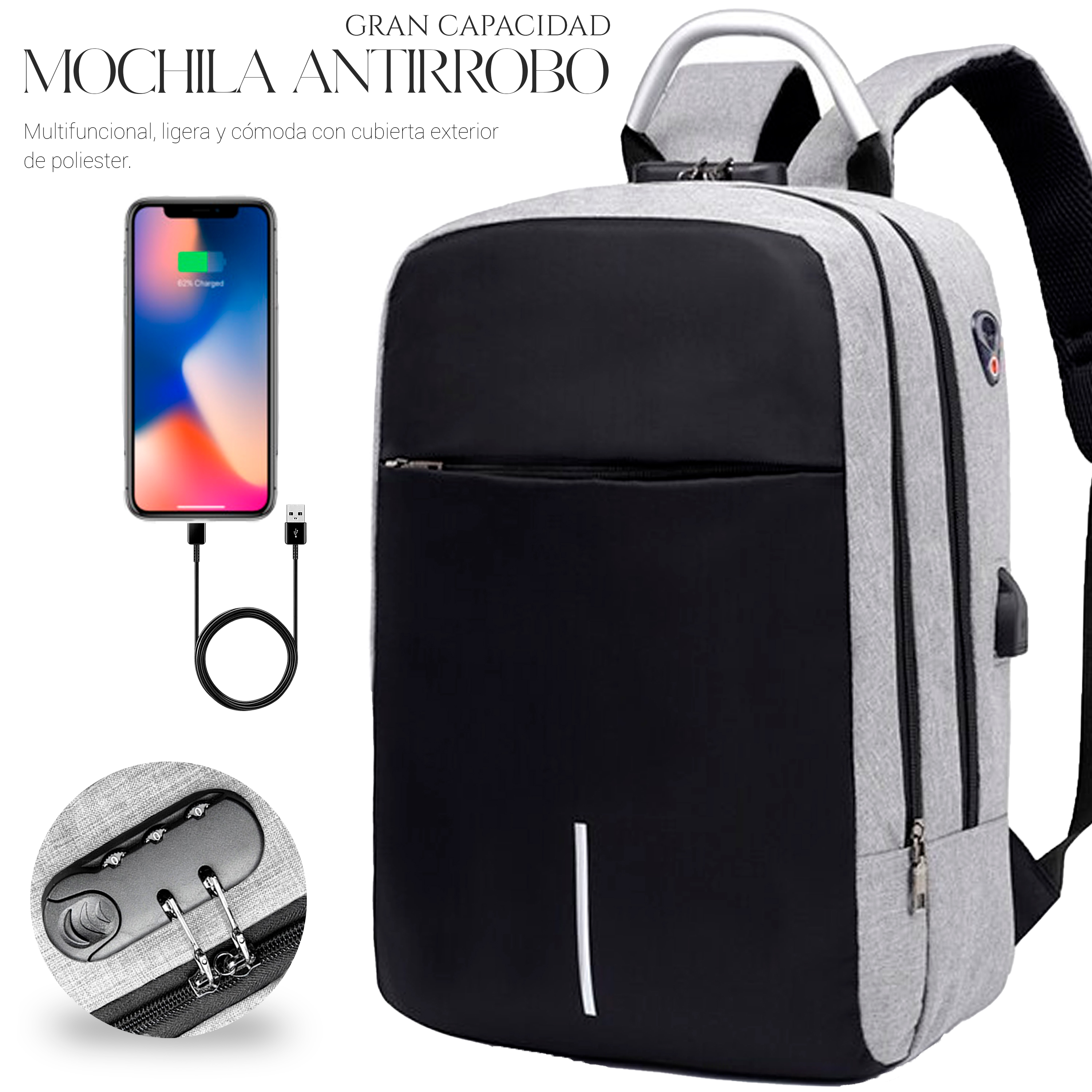 Foto 8 pulgar | Mochila Impermeable Antirrobo, Mochila De Negocios Gris