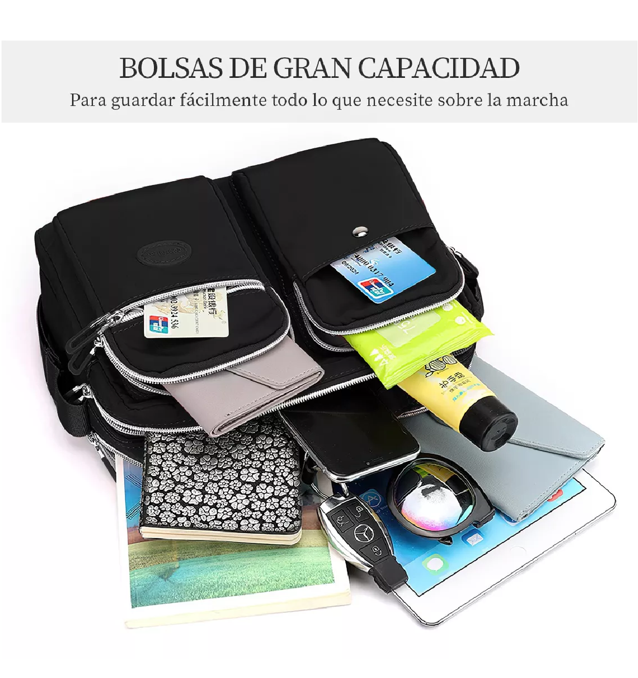 Foto 4 pulgar | Bolso Bandolera/Crossbody Belug color Negro con 7 Bolsillos