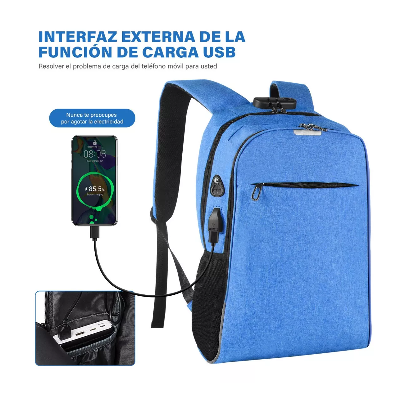 Foto 2 | Mochila Impermeable Belug con Puerto Usb color Azul