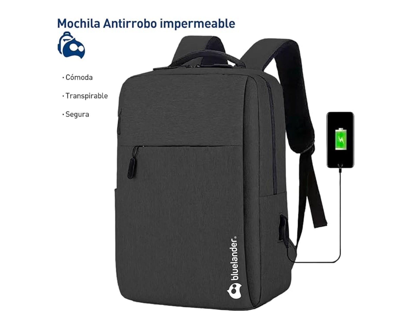 Foto 3 pulgar | Mochila Antirrobo Para Laptop Bluelander, Carga Usb Para Power Bank Color Negra, Bolsillos Ocultos Impermeable.