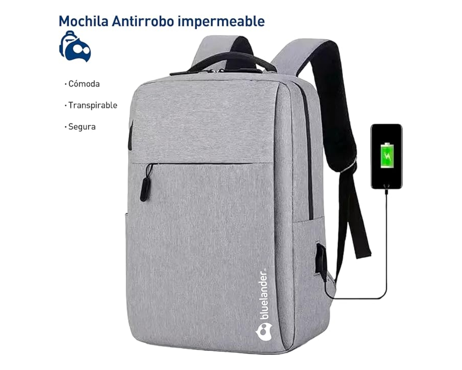 Foto 3 pulgar | Mochila Antirrobo Para Laptop Bluelander Carga Usb Para Power Bank, Color Gris,  Bolsillos Ocultos Impermeable.