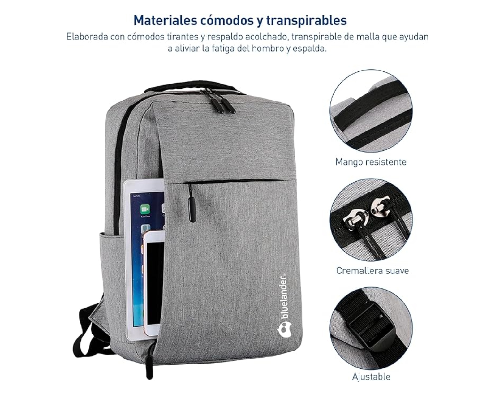 Foto 4 pulgar | Mochila Antirrobo Para Laptop Bluelander Carga Usb Para Power Bank, Color Gris,  Bolsillos Ocultos Impermeable.