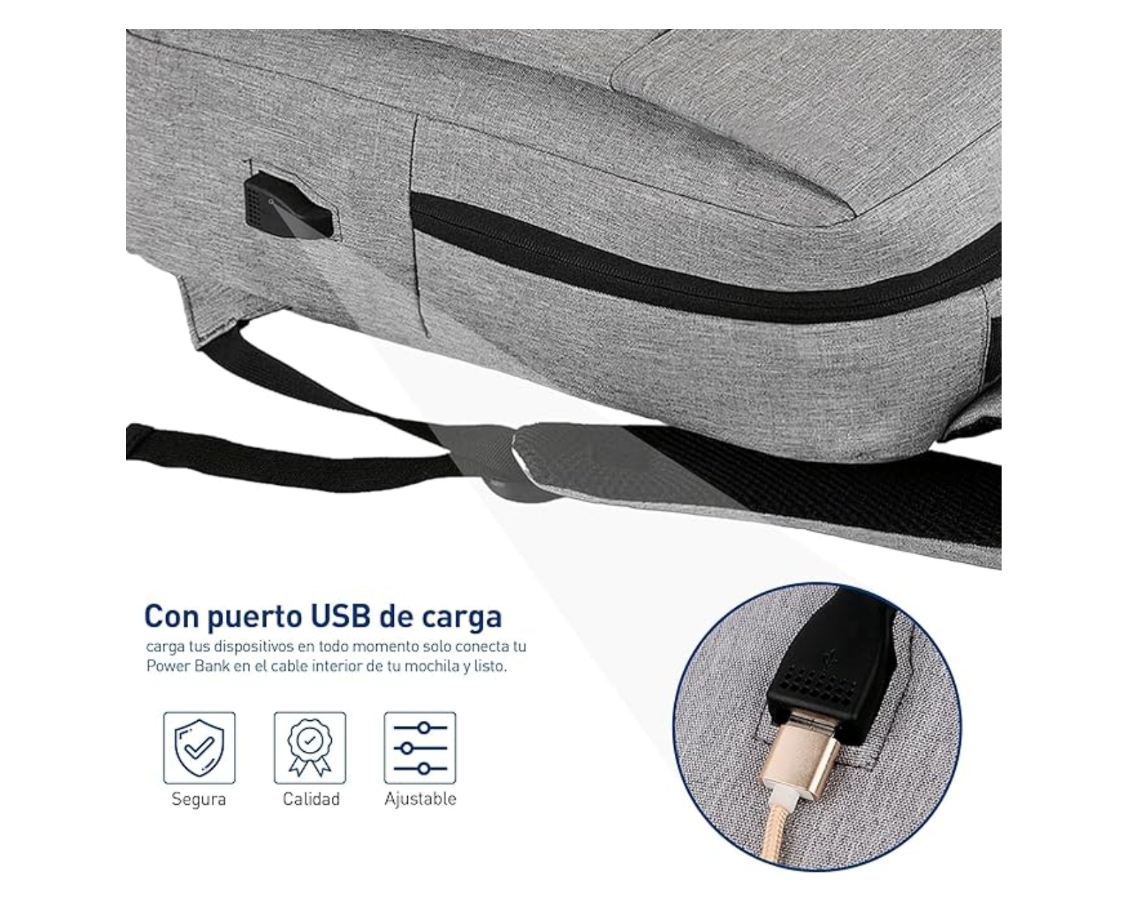 Foto 5 pulgar | Mochila Antirrobo Para Laptop Bluelander Carga Usb Para Power Bank, Color Gris,  Bolsillos Ocultos Impermeable.