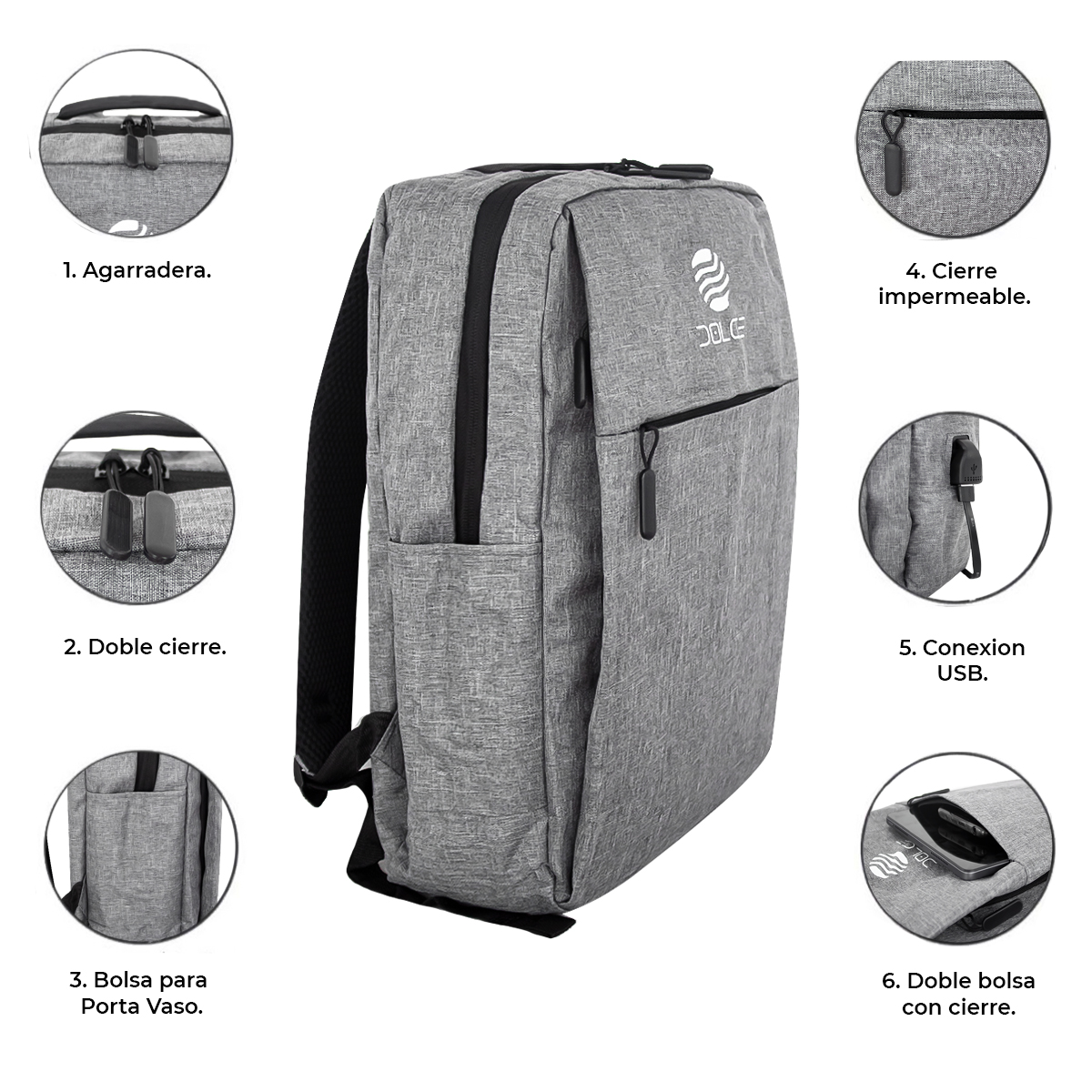 Foto 4 pulgar | Mochila Escolar Unisex Dolce MOCLT5 color Gris con Puerto USB