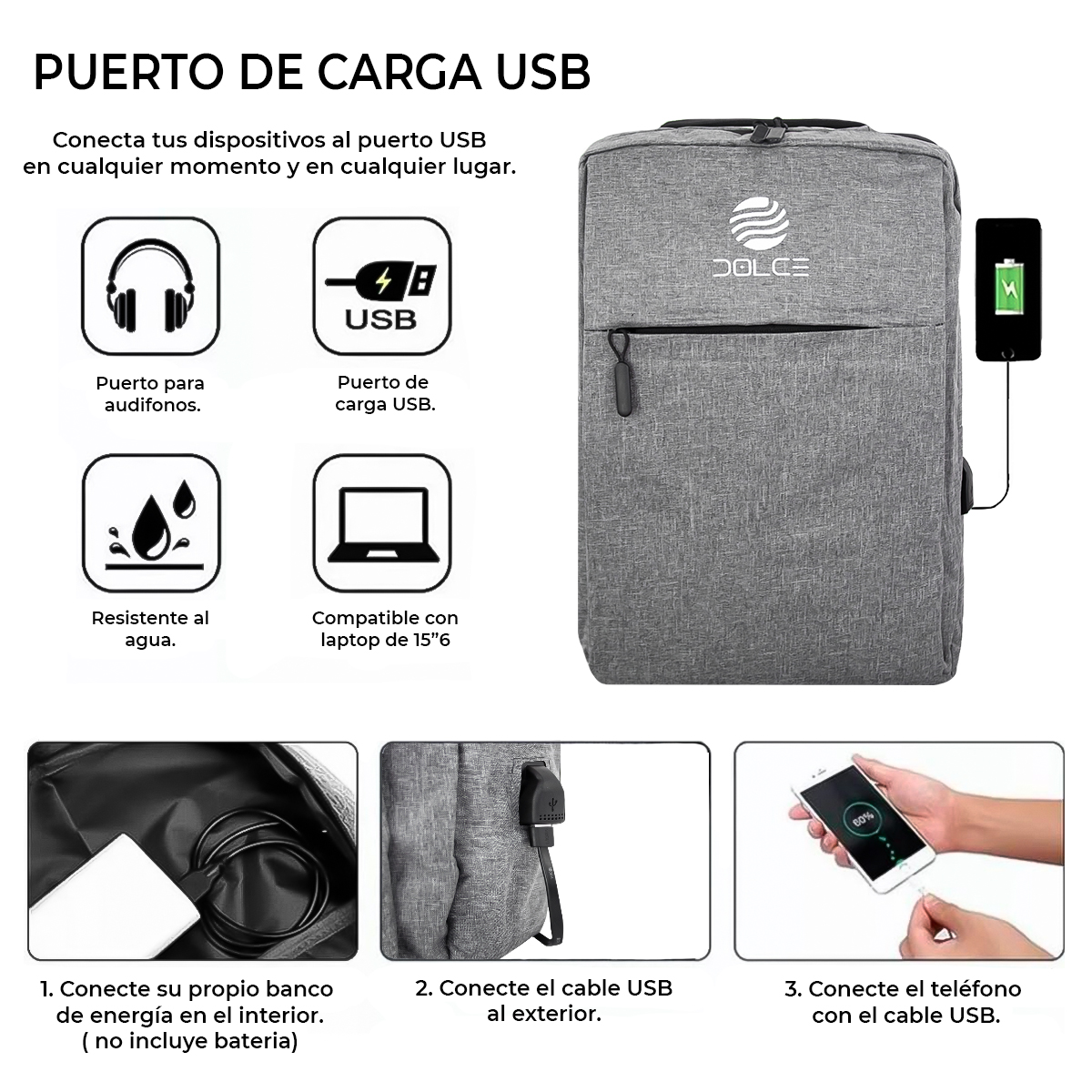 Foto 5 pulgar | Mochila Escolar Unisex Dolce MOCLT5 color Gris con Puerto USB